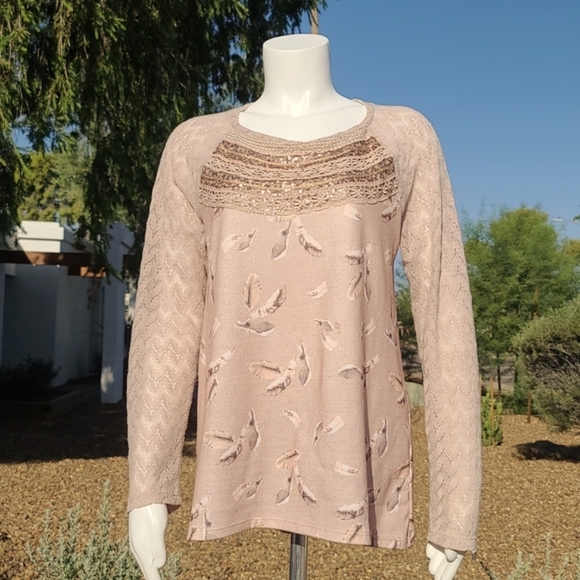 One September Aves Feather BoHo Mixed Media Top M - Picture 13 of 13